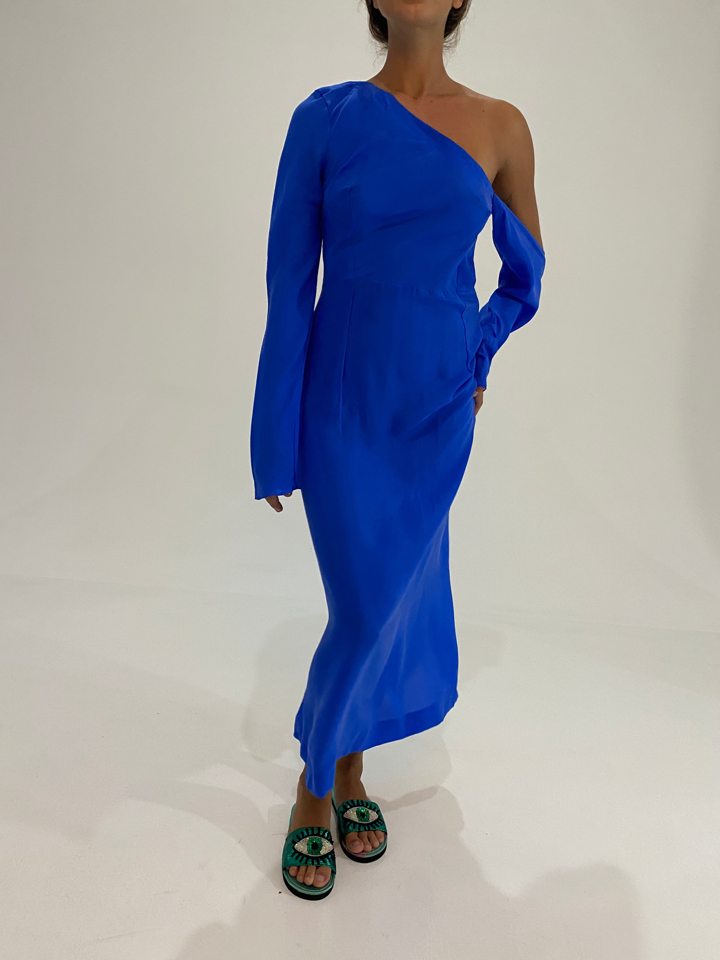 Runway One Shoulder Silk Dress Blue