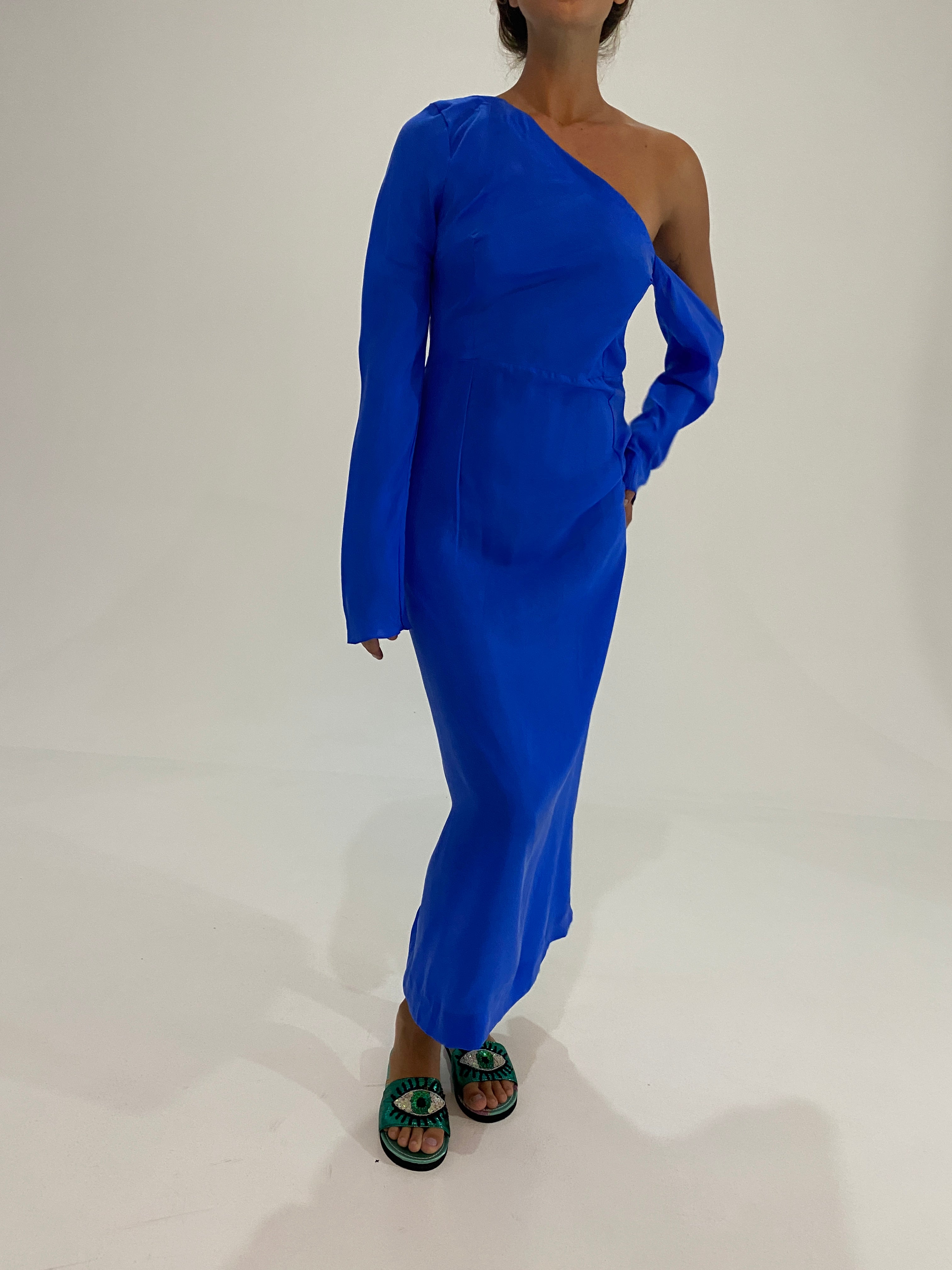 Runway One Shoulder Silk Dress Blue