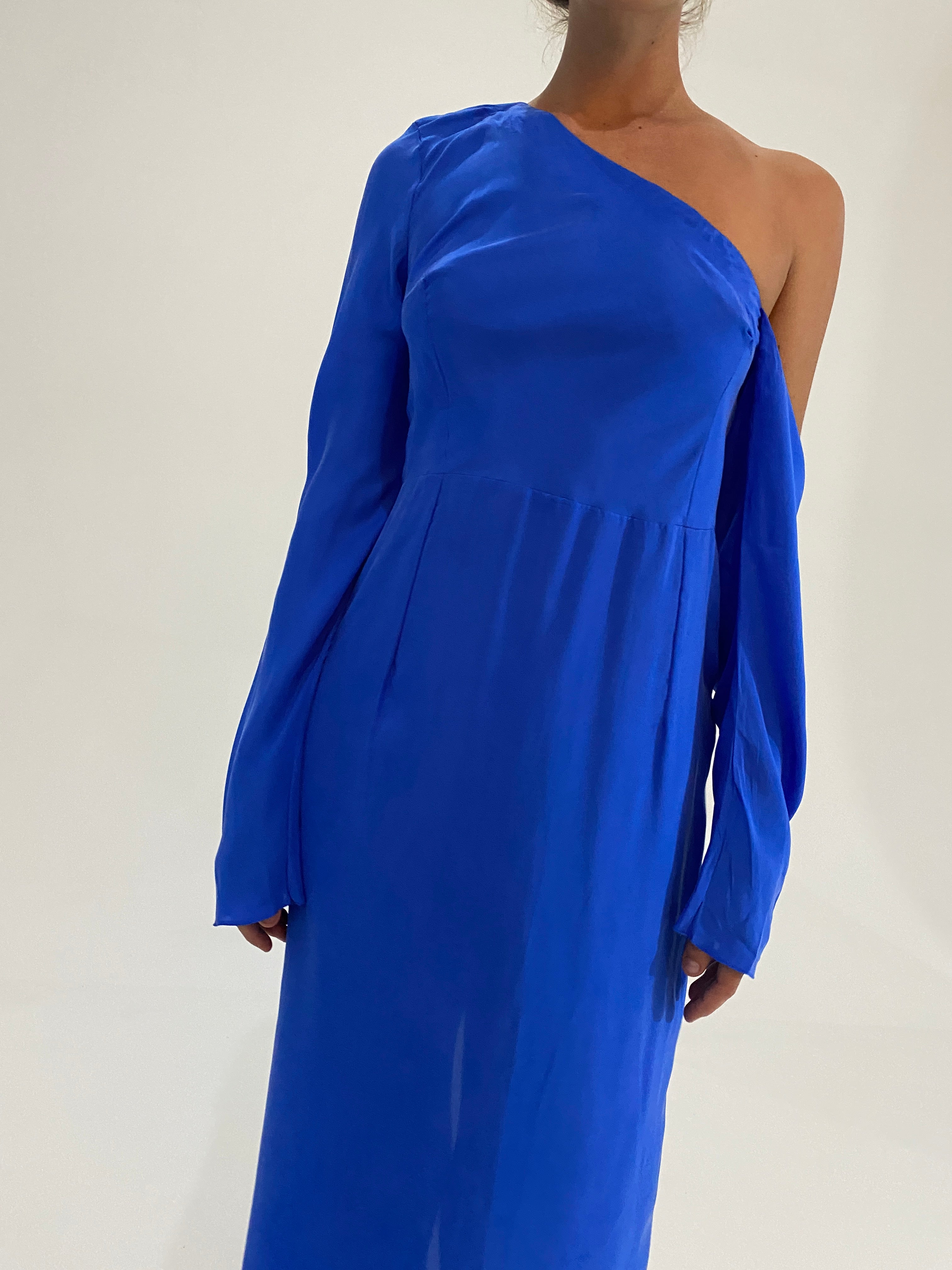 Runway One Shoulder Silk Dress Blue