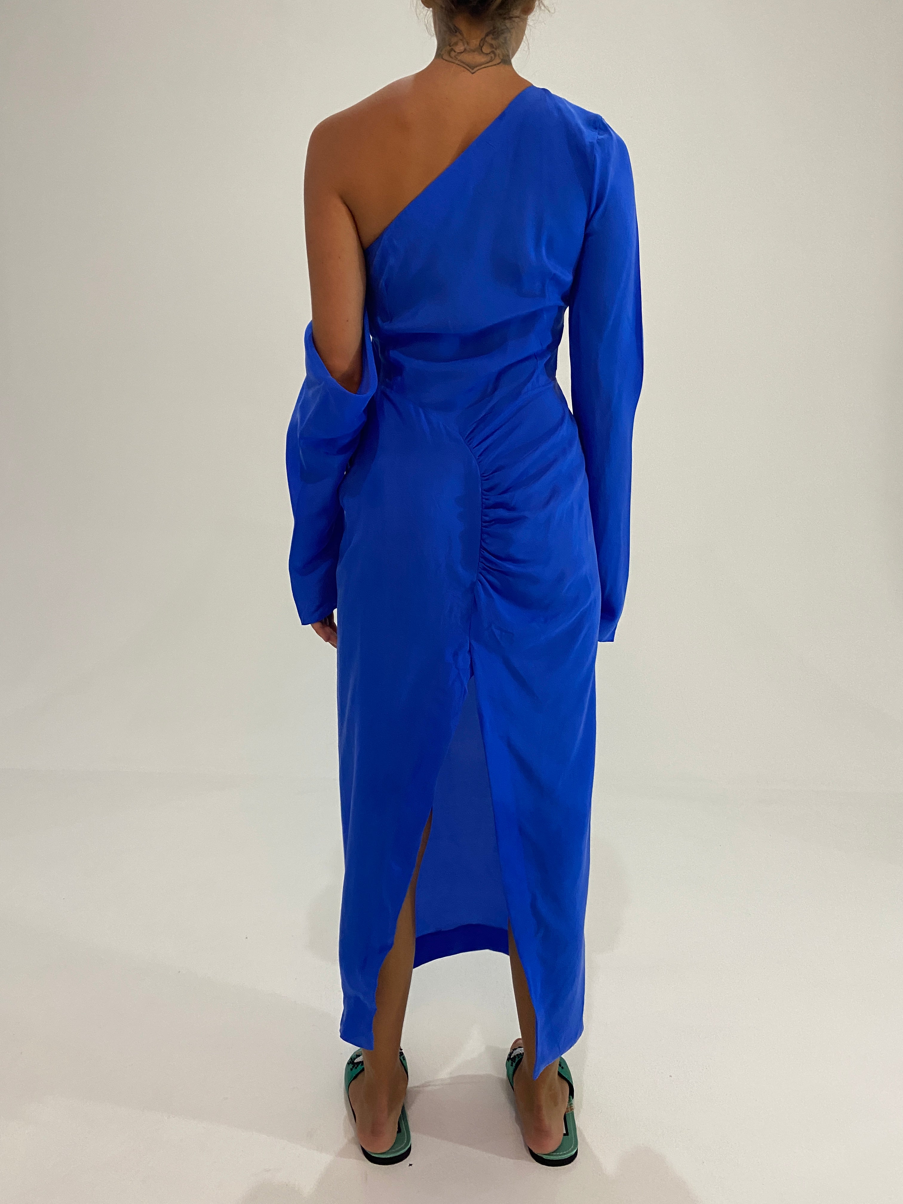 Runway One Shoulder Silk Dress Blue