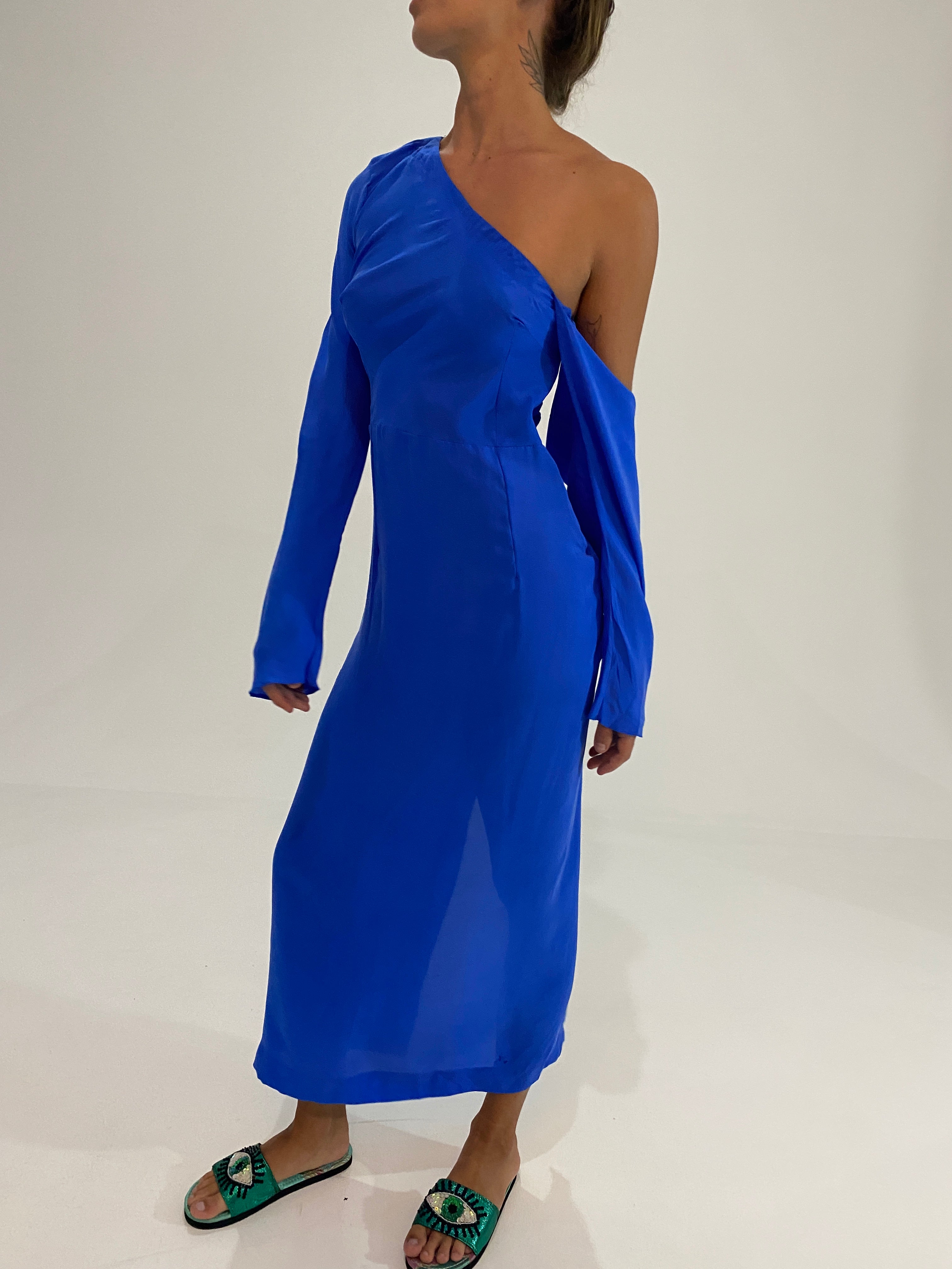 Runway One Shoulder Silk Dress Blue