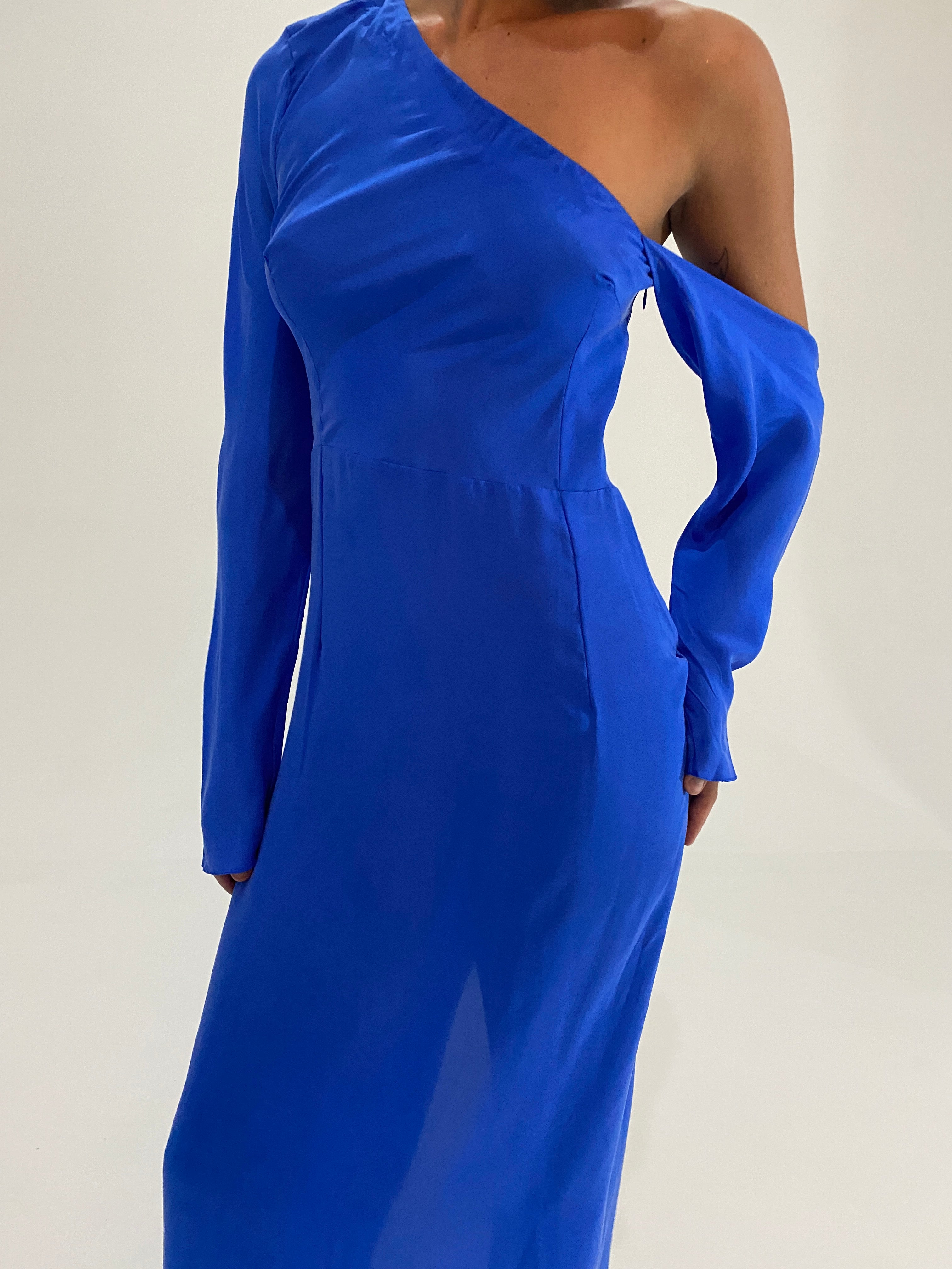 Runway One Shoulder Silk Dress Blue