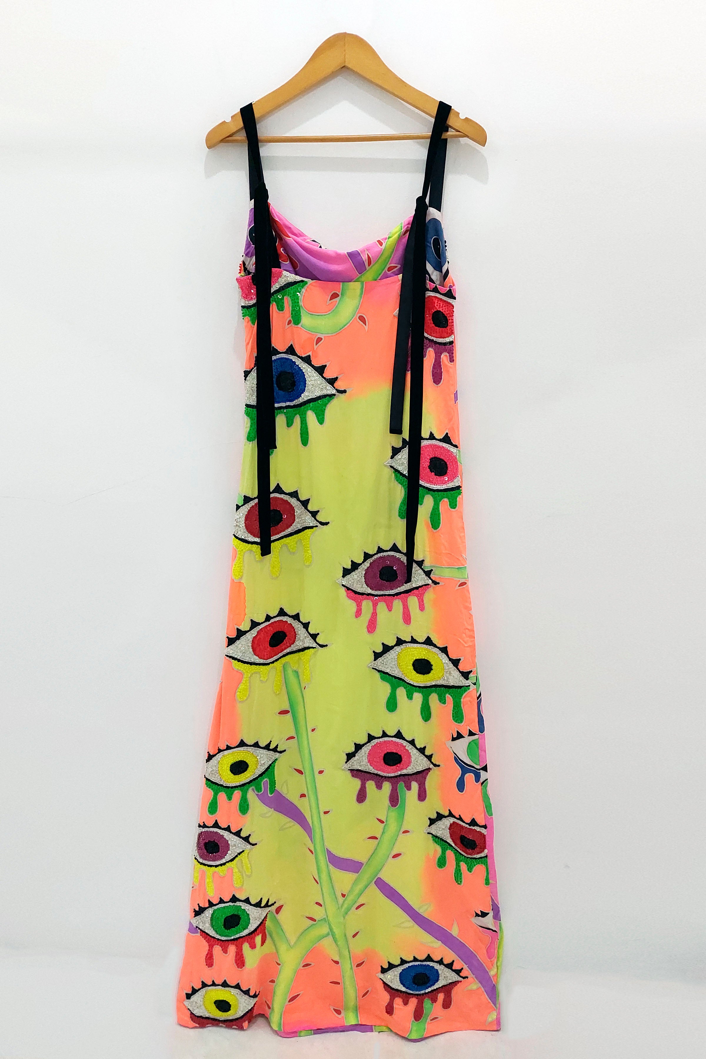 Evil Eye Cactus Batik Print Slip Dress Black Ribbon