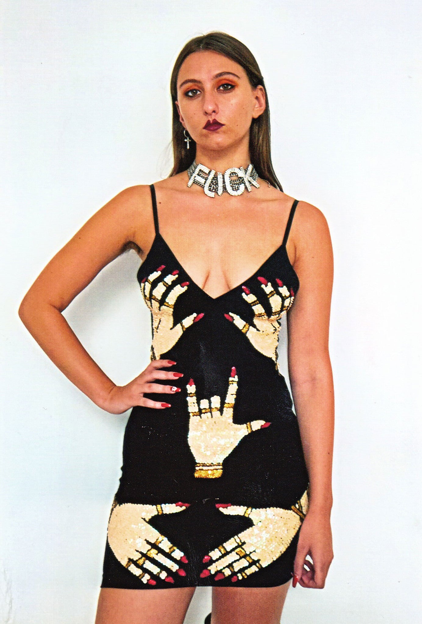 hands off, basic hands off, hand$ off, hands off mini dress, basic, basic hands off mini dress, mini dress, bralet mini dress, hands, hand$, sequinned hands, sequins, sequinned hand$, discount universe, di$count universe, dress, sequinned dress, sequinned mini dress, black, white hands