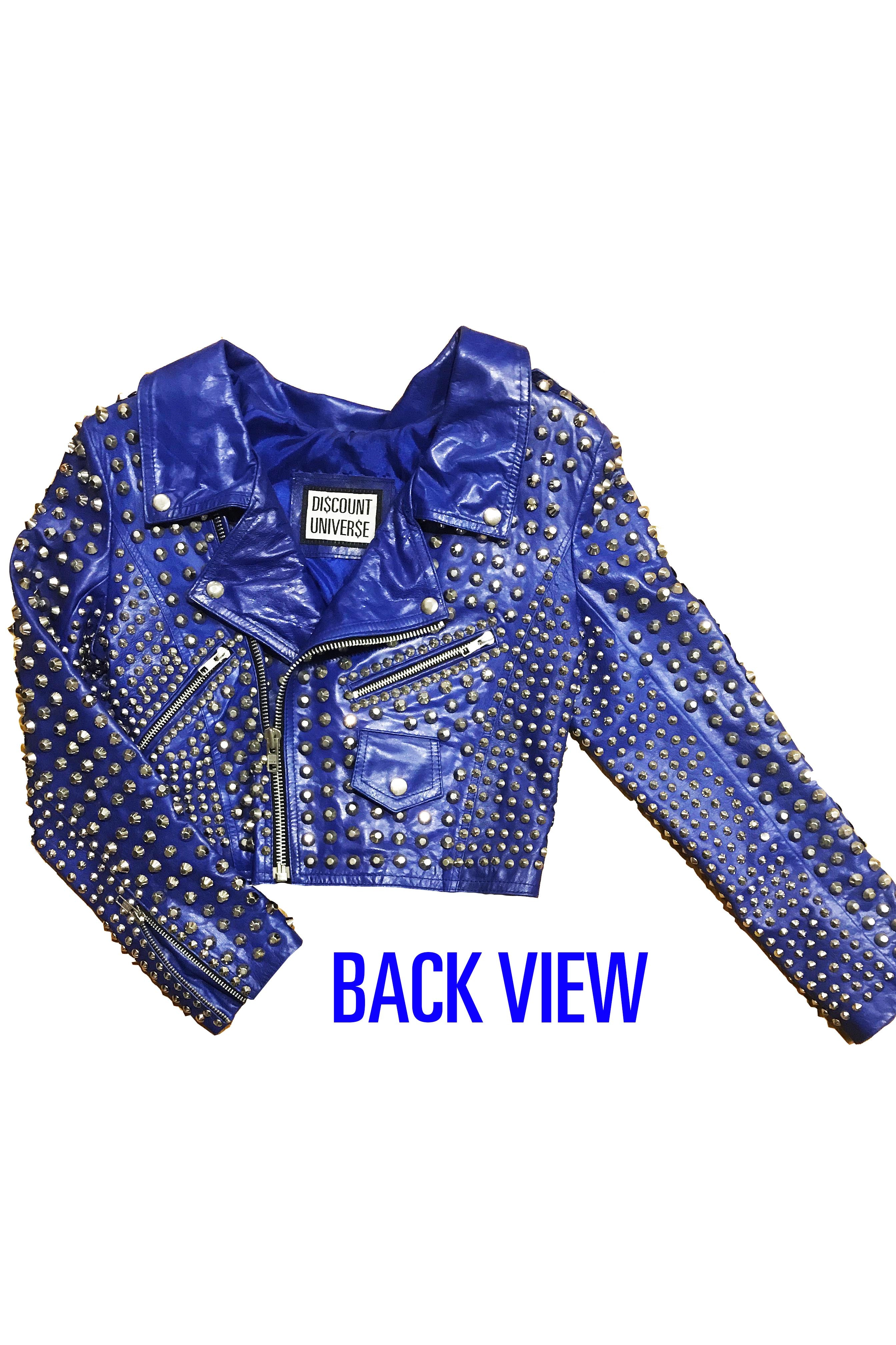 BLUE 'IN REVERSE' STUDDED BIKER JACKET