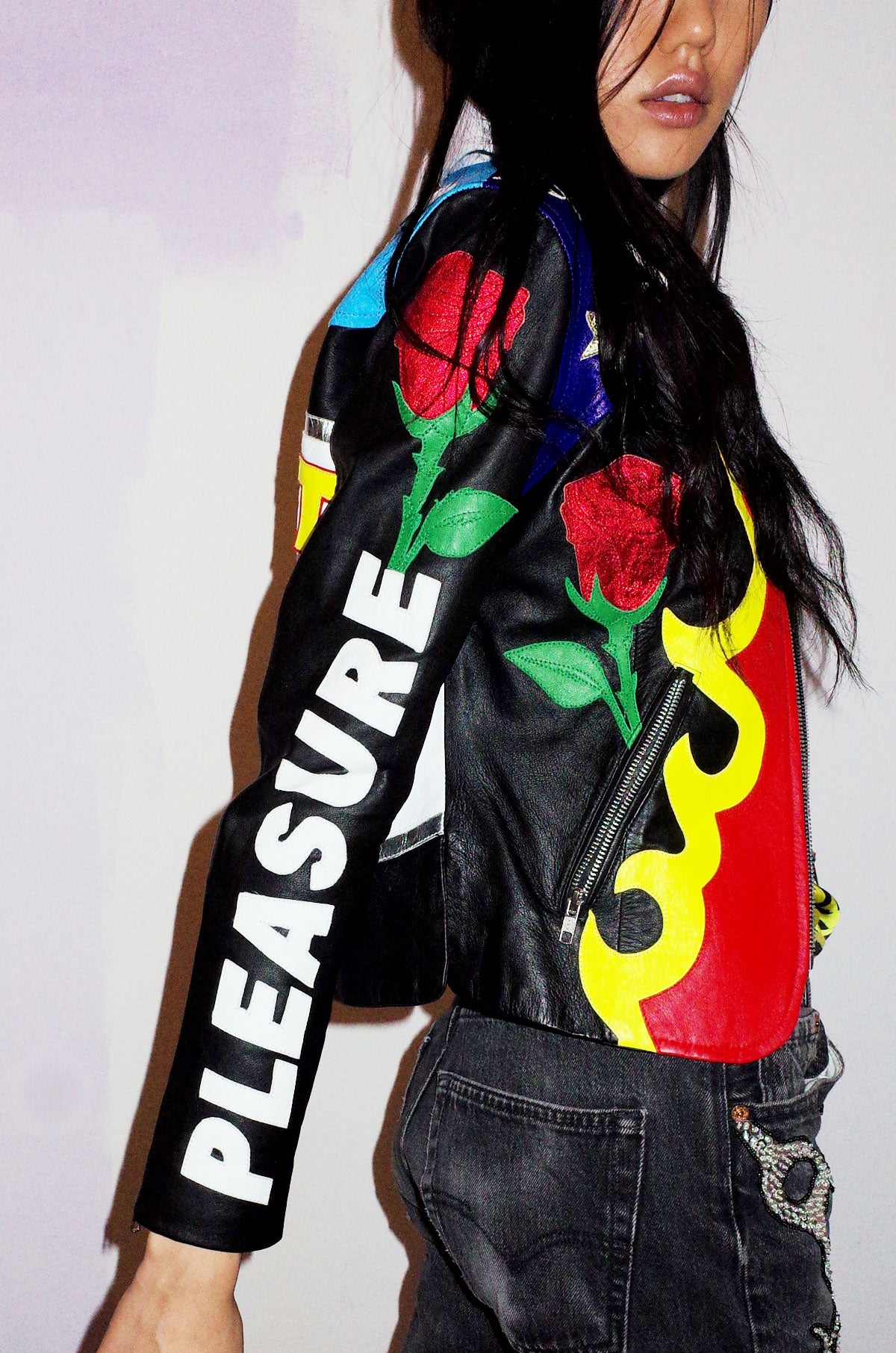 Distressed Pleasure Revenge Appliquè Leather Jacket